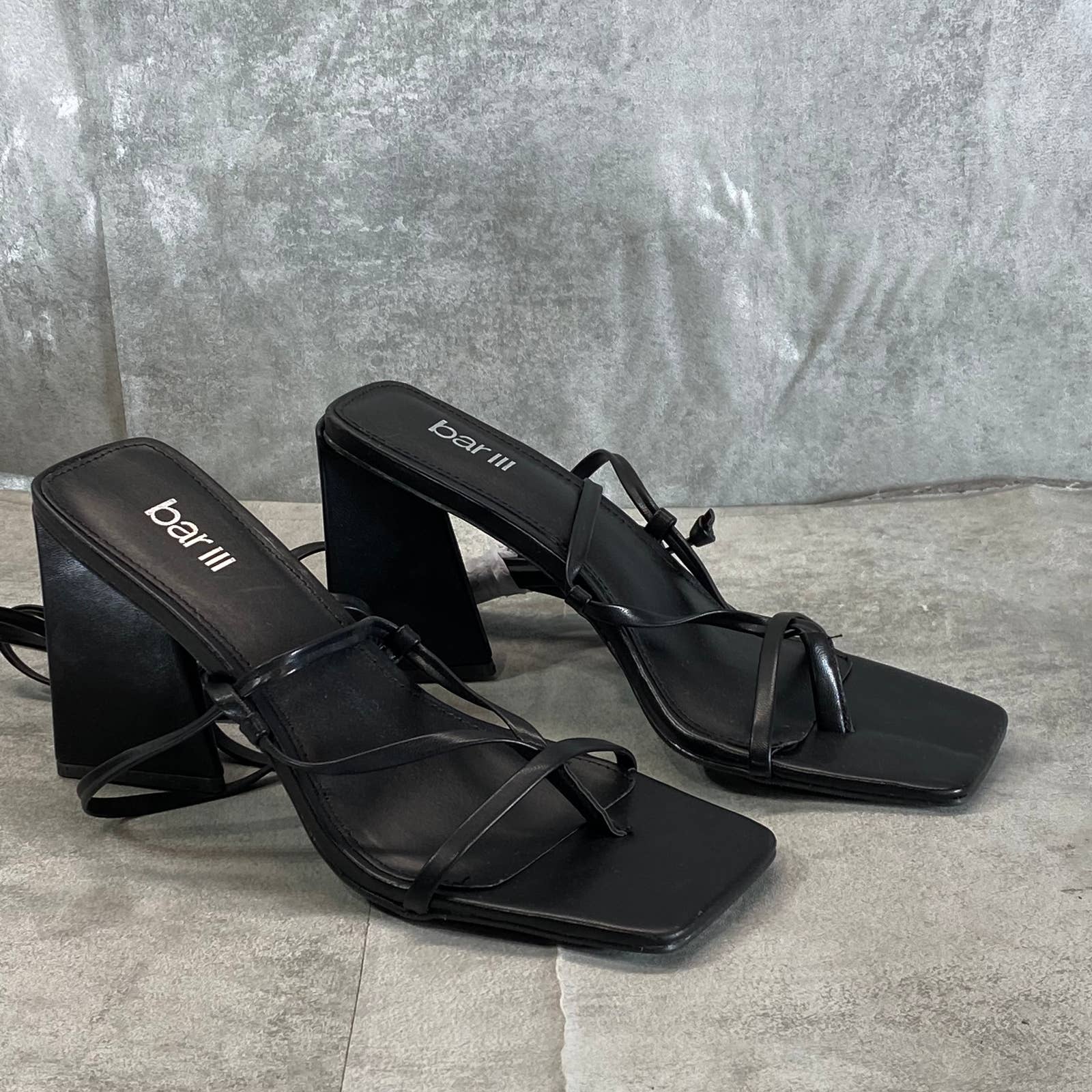 BAR III Women's Black Smooth Alana Tie-Up Geo-Heel Square-Toe Sandals SZ 8
