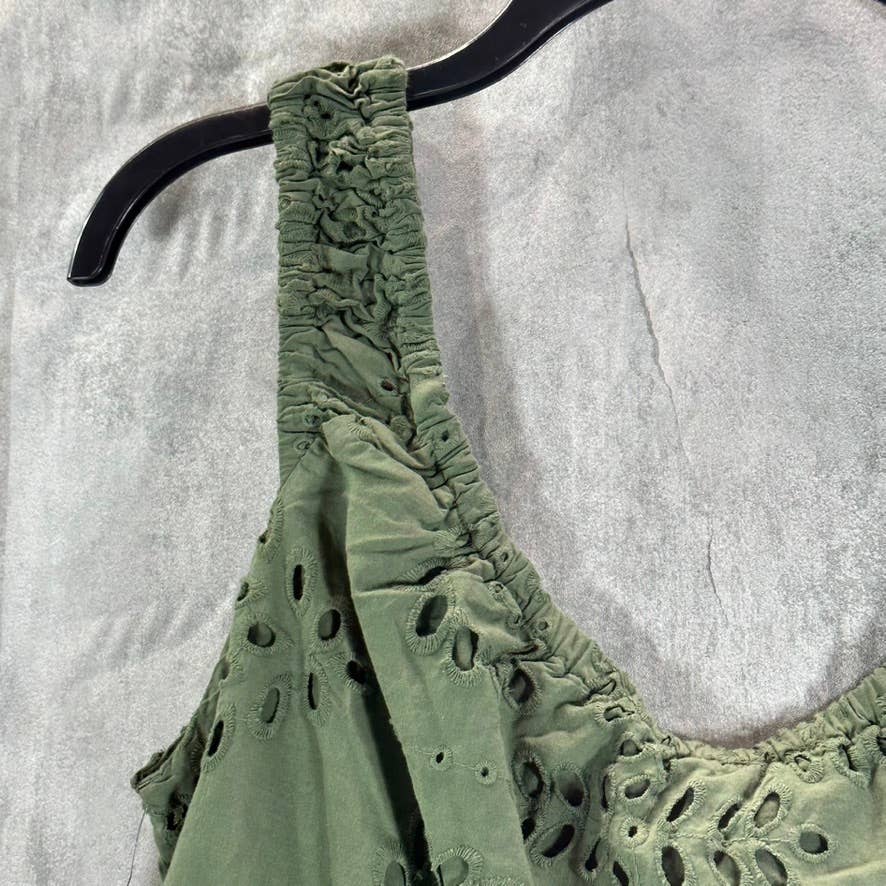 GUESS Women's Lichen Leaf Green Multi Larisen Cotton Eyelet Peplum Top SZ L