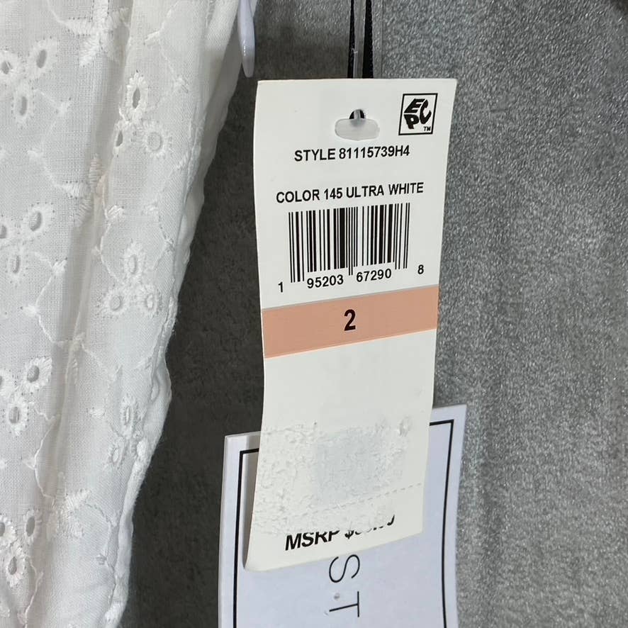 1. STATE Women's White Eyelet Wrap-Front Ruched Elbow-Sleeve Mini Dress SZ 2