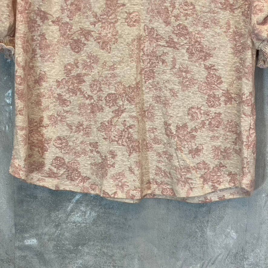 COMO VINTAGE Women's Apple Butter Combo Printed V-Neck Ruched Elbow Sleeve Top SZ S