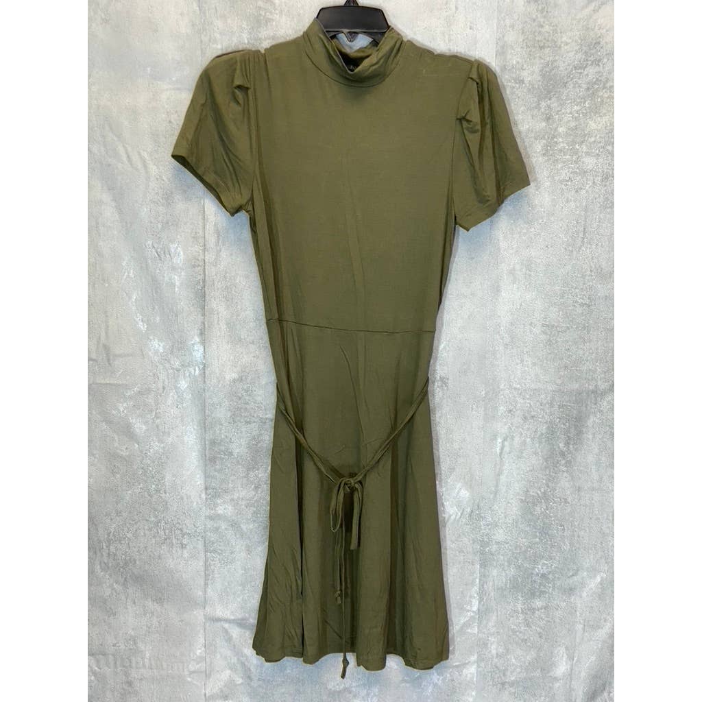 RDI Women's Olive Mock Neck Puff Short Sleeve Tie Waist Fit & Flare Mini Dress SZ S
