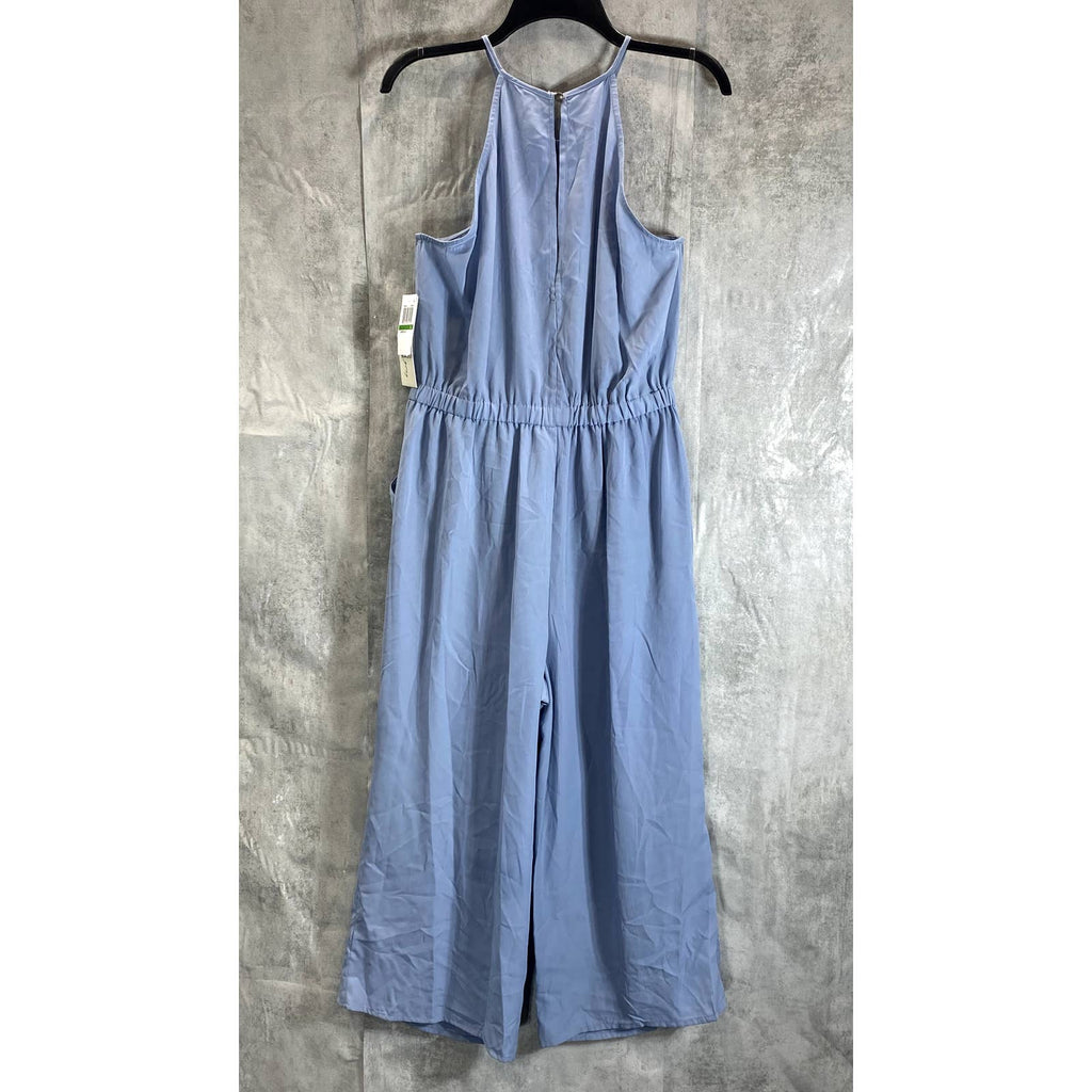 KINGSTON GREY Juniors' Chambray Sleeveless Pocketed Halter Cropped Jumpsuit SZ L