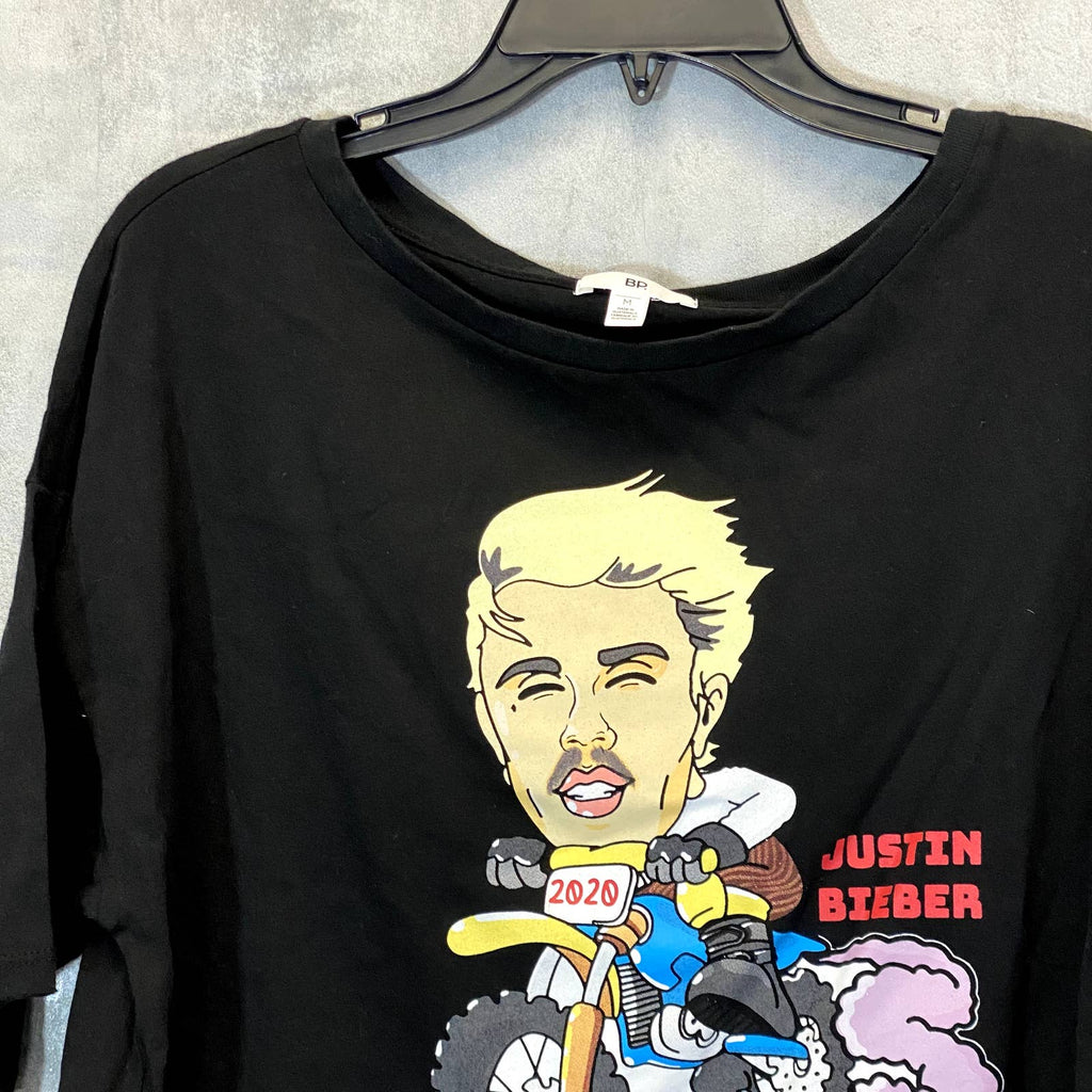 BP. Women's Black Justin Changes Bieber Graphic Crewneck Crop Short Sleeve Tee SZ M