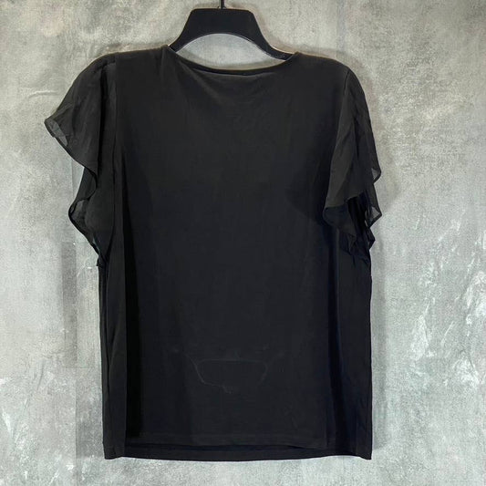 CALVIN KLEIN Women's Black Scoop-Neck Pintuck-Yoke Flutter-Sleeve Top SZ S