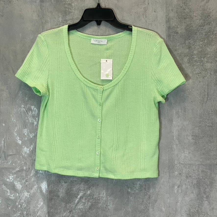 ELODIE Women's Neon Green Waffle Knit Short Sleeve Scoop Neck Button-Up Crop Top SZ XL