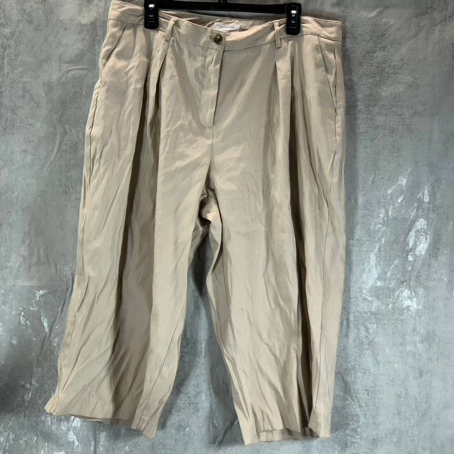 CALVIN KLEIN Women's Latte Pleated Font Wide-Leg Cropped Pants SZ 16