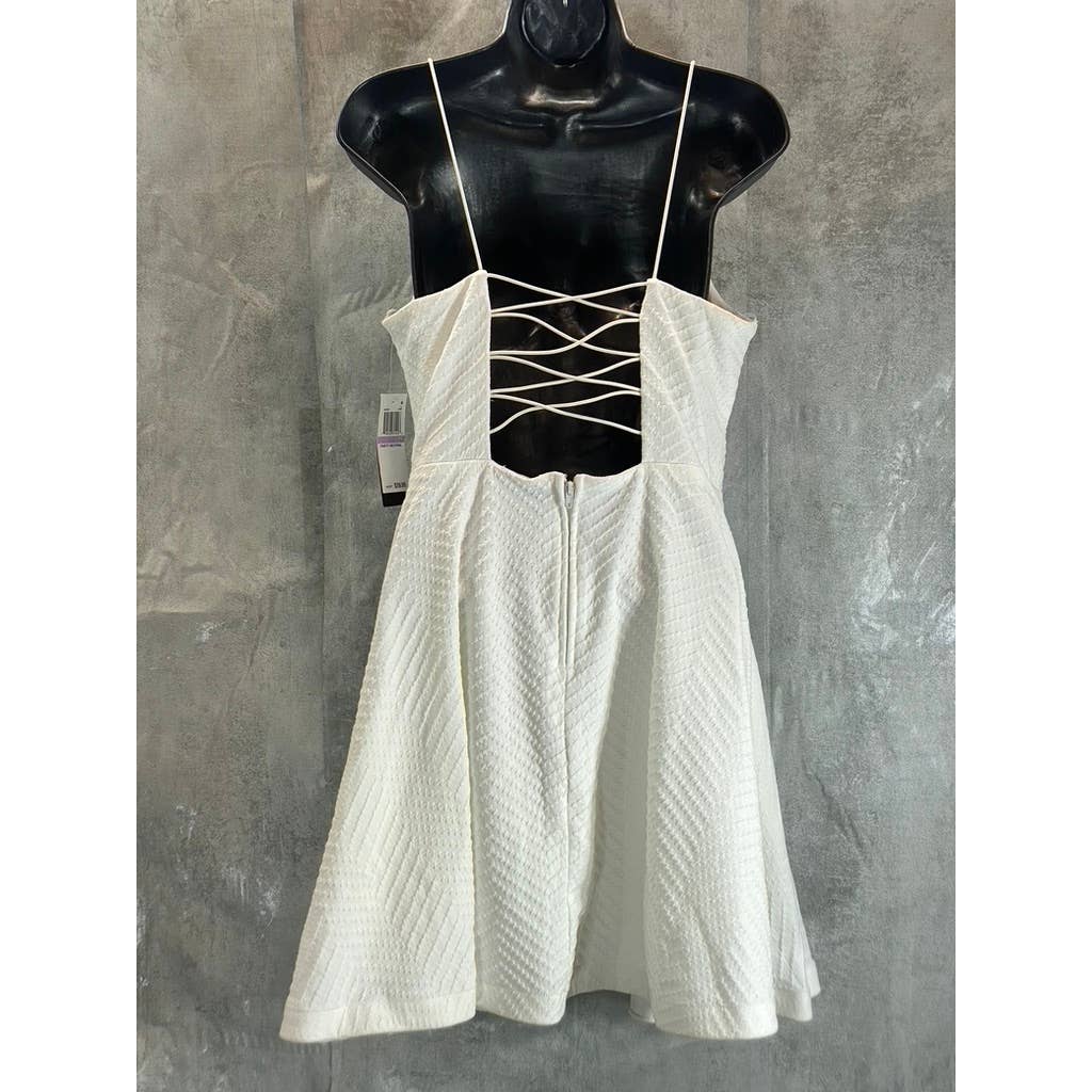 CITY STUDIO Juniors' Ivory V-Neck Lace-Up-Back Textured Fit & Flare Mini Dress