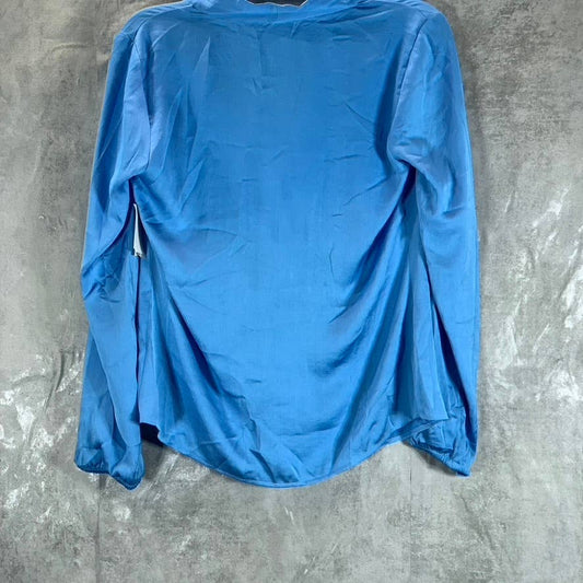 BAR III Women's Vista Blue Inverted-Pleat V-Neck Long-Sleeve Top SZ S