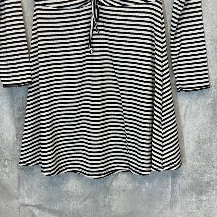 VELVET TORCH Women's Black-White Striped V-Neck 3/4 Sleeve Ruched Mini Dress