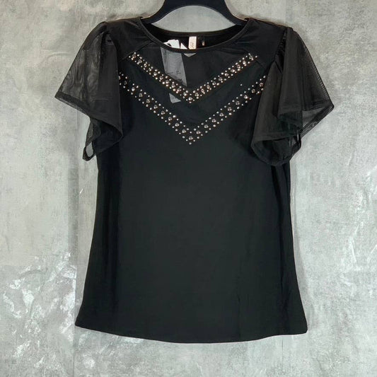 NY COLLECTION Women's Black Mesh Studded Embellished Flutter Sleeve Top SZ M