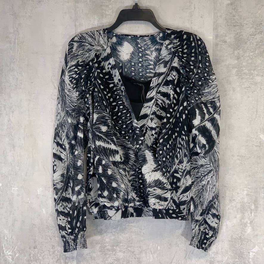 ALLSAINTS Black Fara Stretto Chiffon Monochrome Print Wrap Top SZ 4
