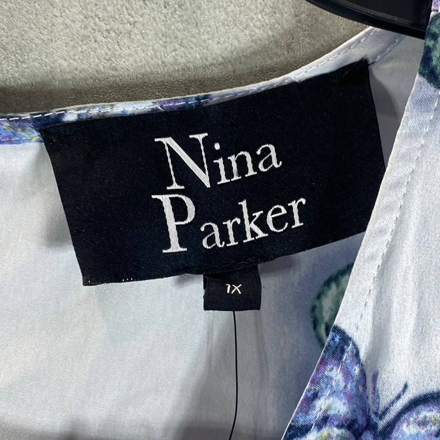 NINA PARKER Women's Plus Blue Butterfly Satin Trendy V-Neck Long-Sleeve Romper