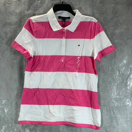 TOMMY HILFIGER Women's Pink-White Striped Pique Short-Sleeve Polo Top SZ M