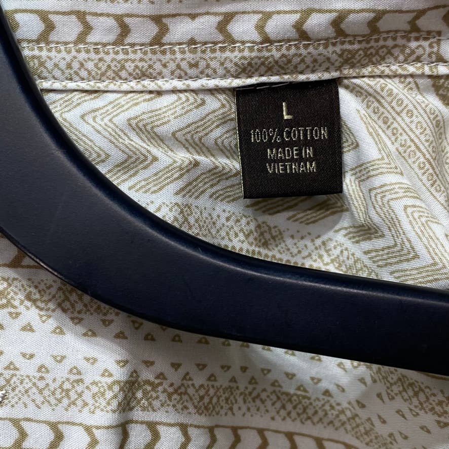 TASSO ELBA Brown Stretch Geo Tile-Print Camp Collar Short Sleeve Shirt SZ L