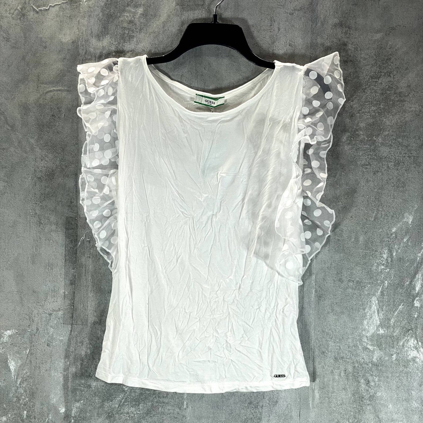 GUESS Women's White Crewneck Mesh-Dot Ruffle Sleeve Top SZ S