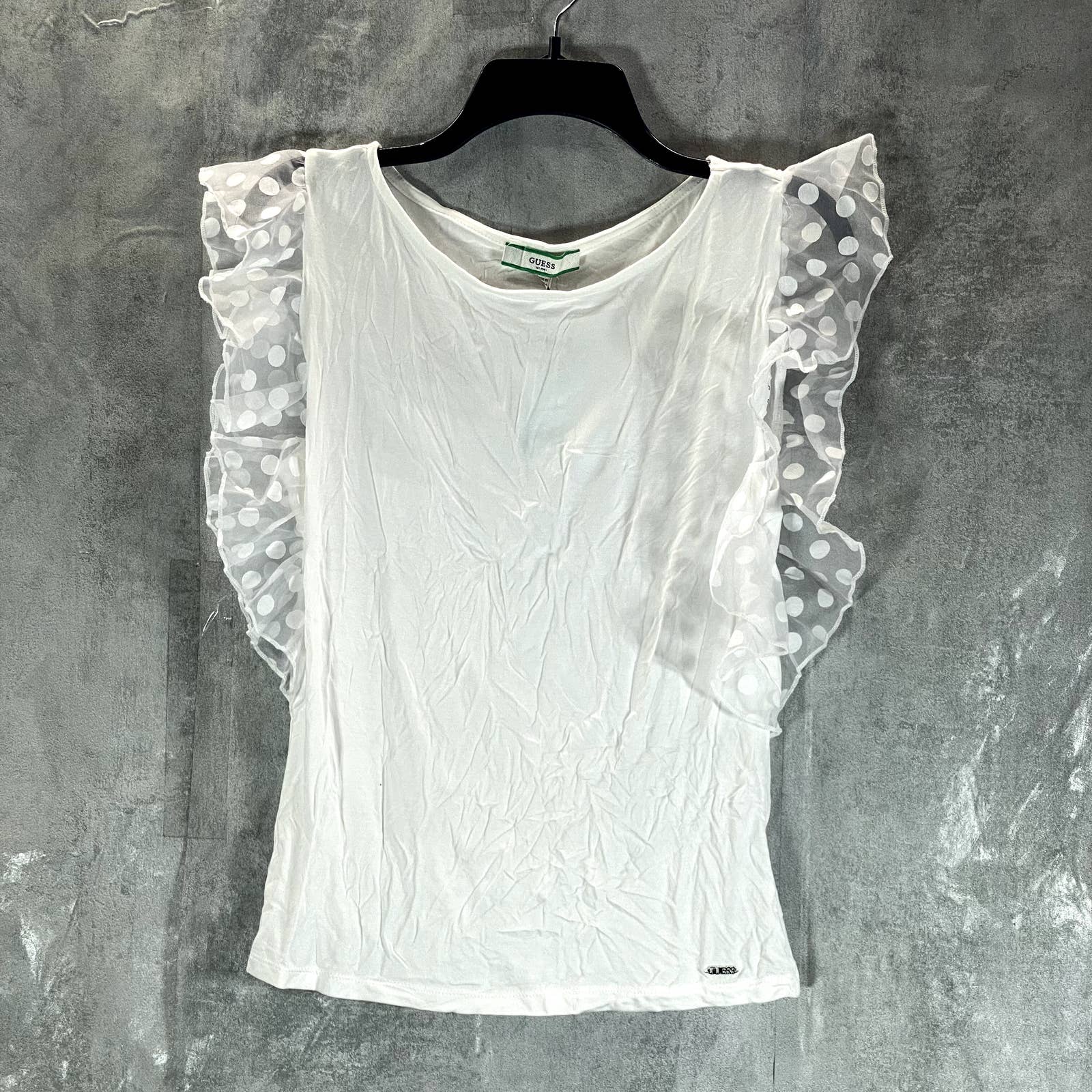 GUESS Women's White Crewneck Mesh-Dot Ruffle Sleeve Top SZ S