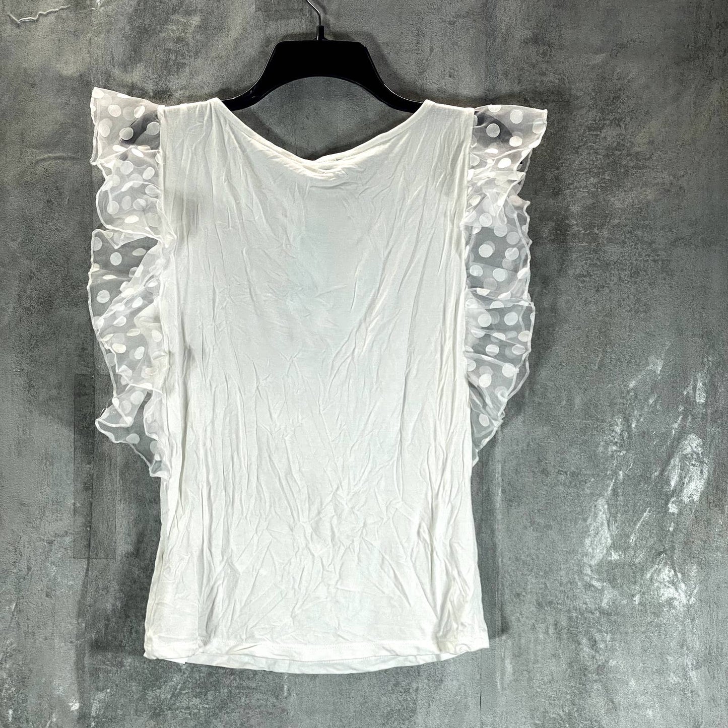 GUESS Women's White Crewneck Mesh-Dot Ruffle Sleeve Top SZ S