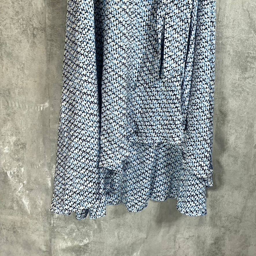 DKNY Women's Blue Printed Flutter-Sleeve V-Neck Faux-Wrap Dress SZ 14