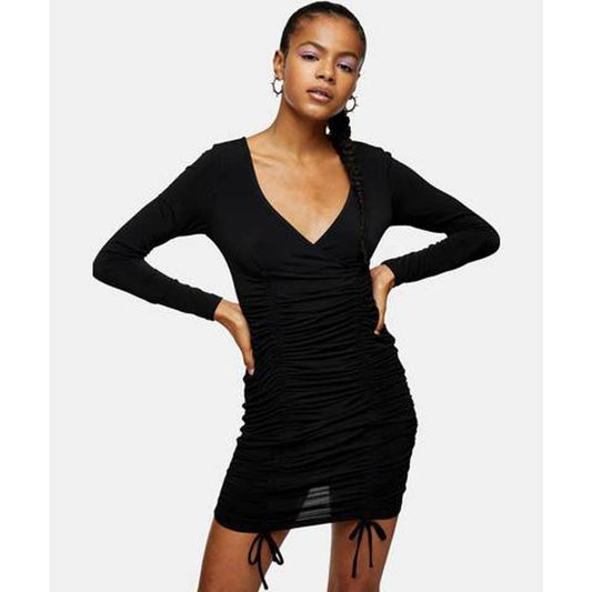 TOPSHOP Women's Solid Black V-Neck Ruched Side Slinky Long Sleeve Mini Dress SZ 10