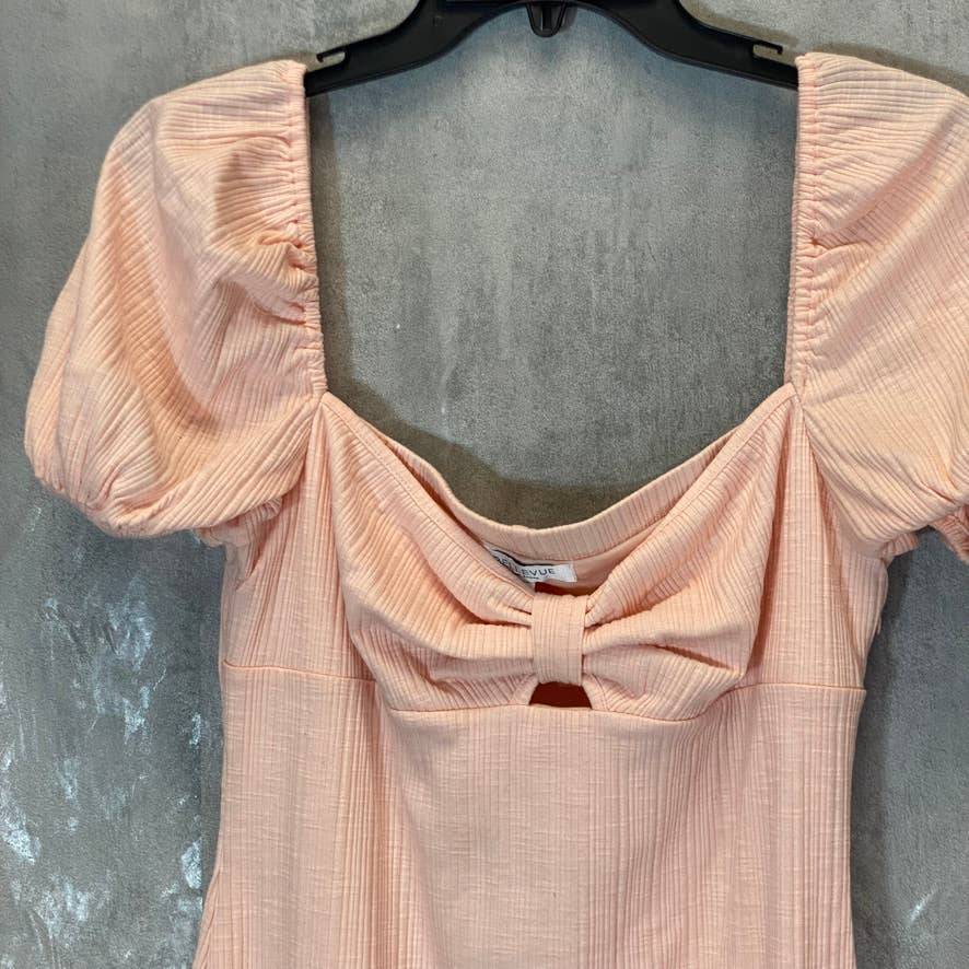 BELLEVUE THE LABEL Women's Nude Pink Rita Bow Short Sleeve Bodice Knit Midi Dress SZ L