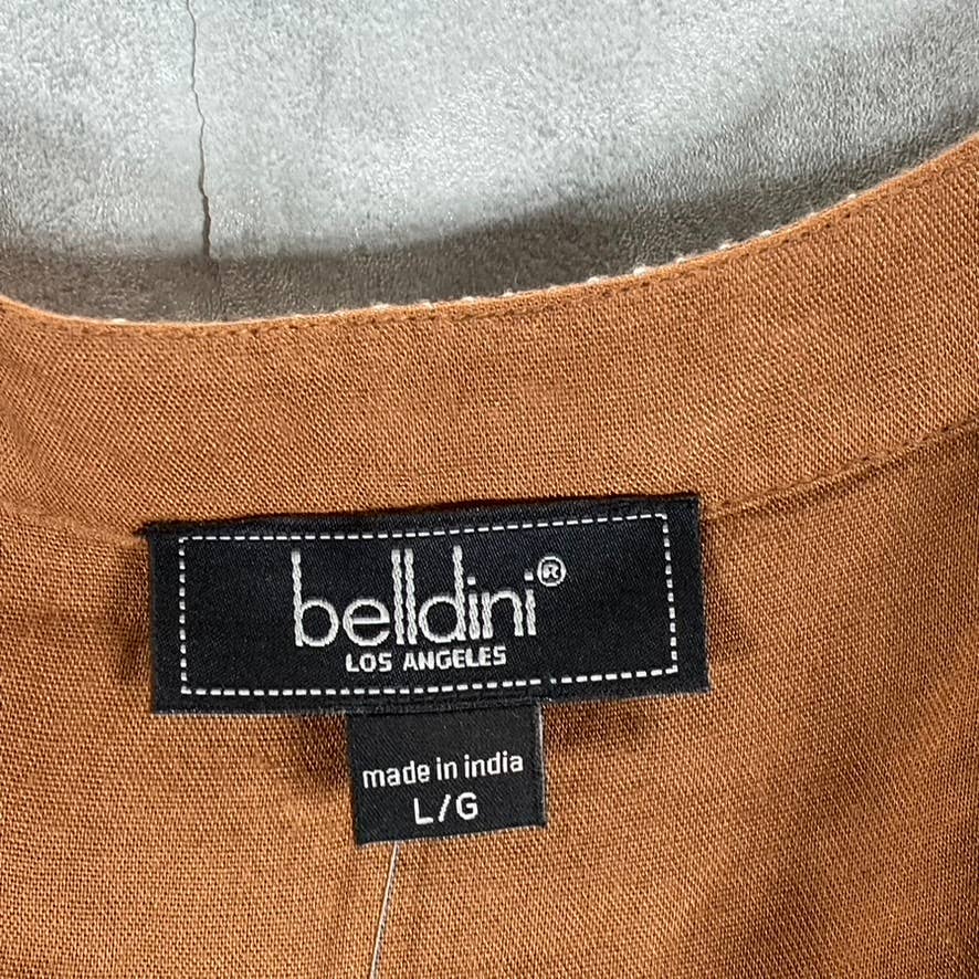 BELLDINI Women's Iced Latte/White Boho Embroidered V-Neck Chic Pocketed Dress