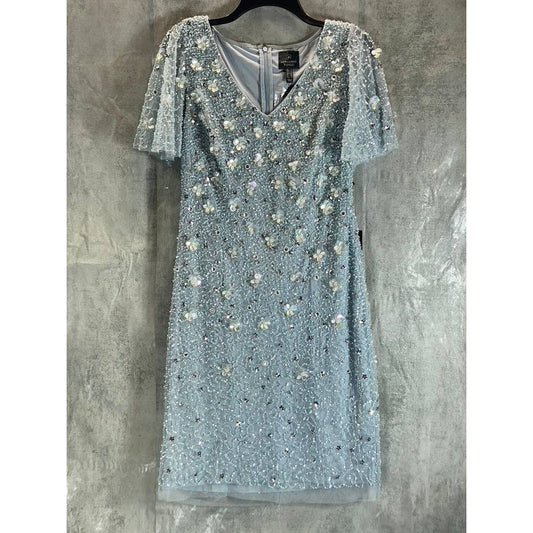 ADRIANNA PAPELL Women's Glacier Sequin Beaded V-Neck Flutter-Sleeve Dress SZ8