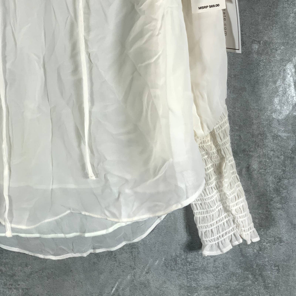 1.STATE Women's Soft Ecru Sheer Smocked Tie V-Neck Long-Sleeve Top SZ S