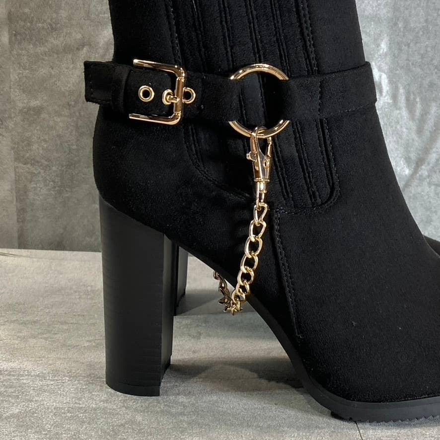 NEW YORK & COMPANY Women's Black Fallon Chain Side-Zip Block-Heel Booties SZ 9