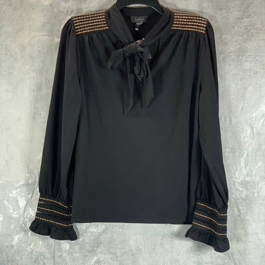 BELLDINI BLACK LABEL Women's Black Embellished Tie-Neck Long-Sleeve Top SZ L