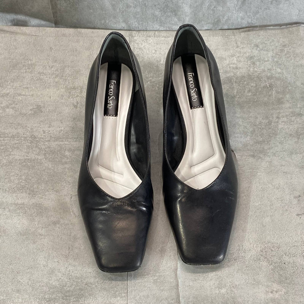 FRANCO SARTO Women's Black Leather Pisa Square-Toe Round-Heel Pumps SZ 9.5