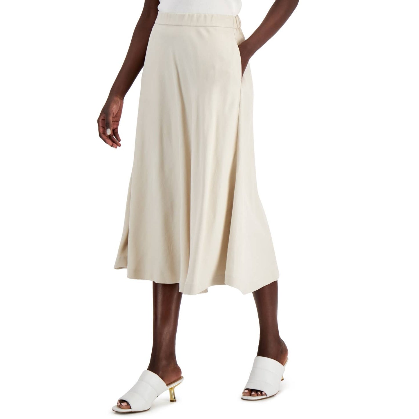 ALFANI Women's Oatmeal Elastic Waist Pocketed Pull-On Midi Skirt SZ 10