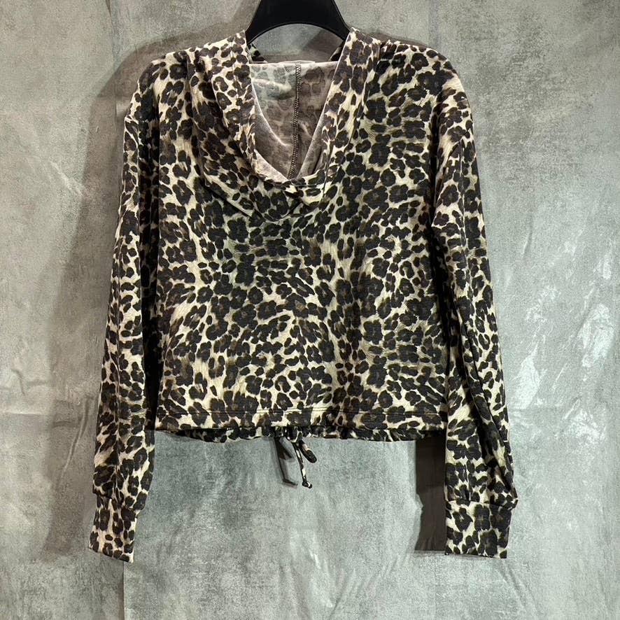 SOCIALITE Women's Tan Leopard Print Dropped Shoulder Drawstring Waist Pullover Hoodie SZ S