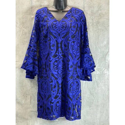 MSK Women's Petite Blue Embroidered Mesh Overlay 3/4 Bell Sleeve Sheath Dress