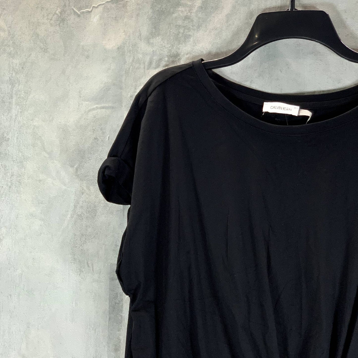 CALVIN KLEIN Women's Black Crewneck Twist Front Hem Short Sleeve T-Shirt SZ XL