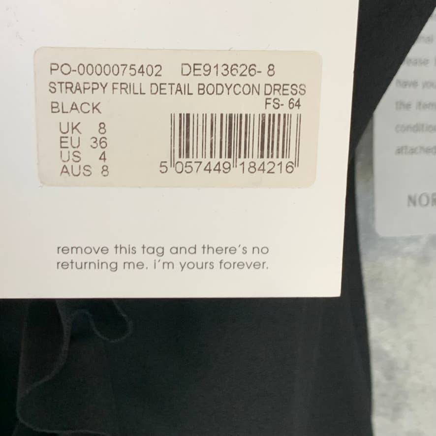 MISSGUIDED Solid Black Strappy Frill Detail Sleeveless Bodycon Mini Dress SZ 4
