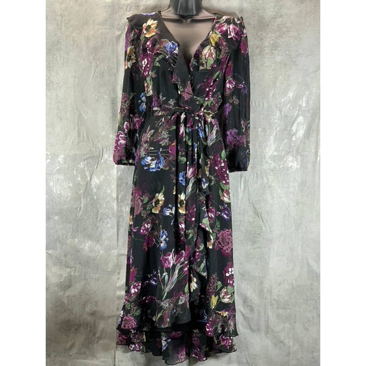 NY COLLECTION Women's Black-Plum Floral 3/4 Sleeve Tie-Waist Ruffle Dress SZ M