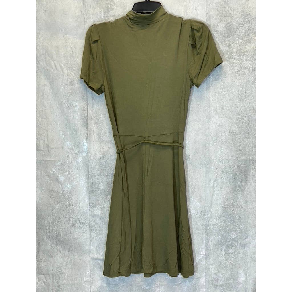 RDI Women's Olive Mock Neck Puff Short Sleeve Tie Waist Fit & Flare Mini Dress SZ S