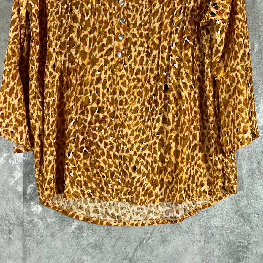 NY COLLECTION Women's Brown Leopard Y-Neck 3/4 Overlapped Bell Sleeve Top SZ L