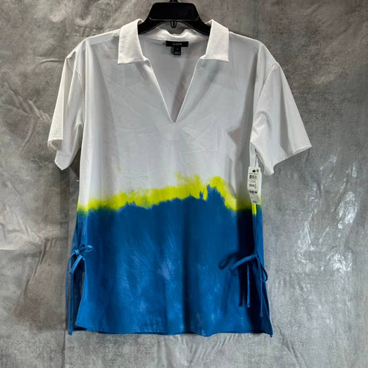 ALFANI Women's Blue Sublime Dye V-Neck Collared Short-Sleeve Tie-Waist Top SZ S