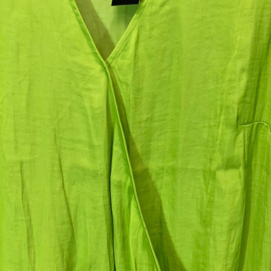 JM COLLECTION Women's Parrot Green Surplice-Neck Tie-Cuff Smocked-Hem Blouse SZ L