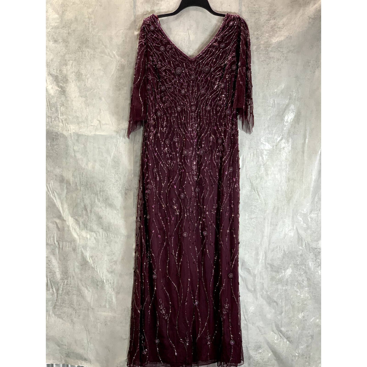 JKARA Women's Wine Beaded Embellished V-Neck Mesh Flutter-Sleeve Gown SZ 12