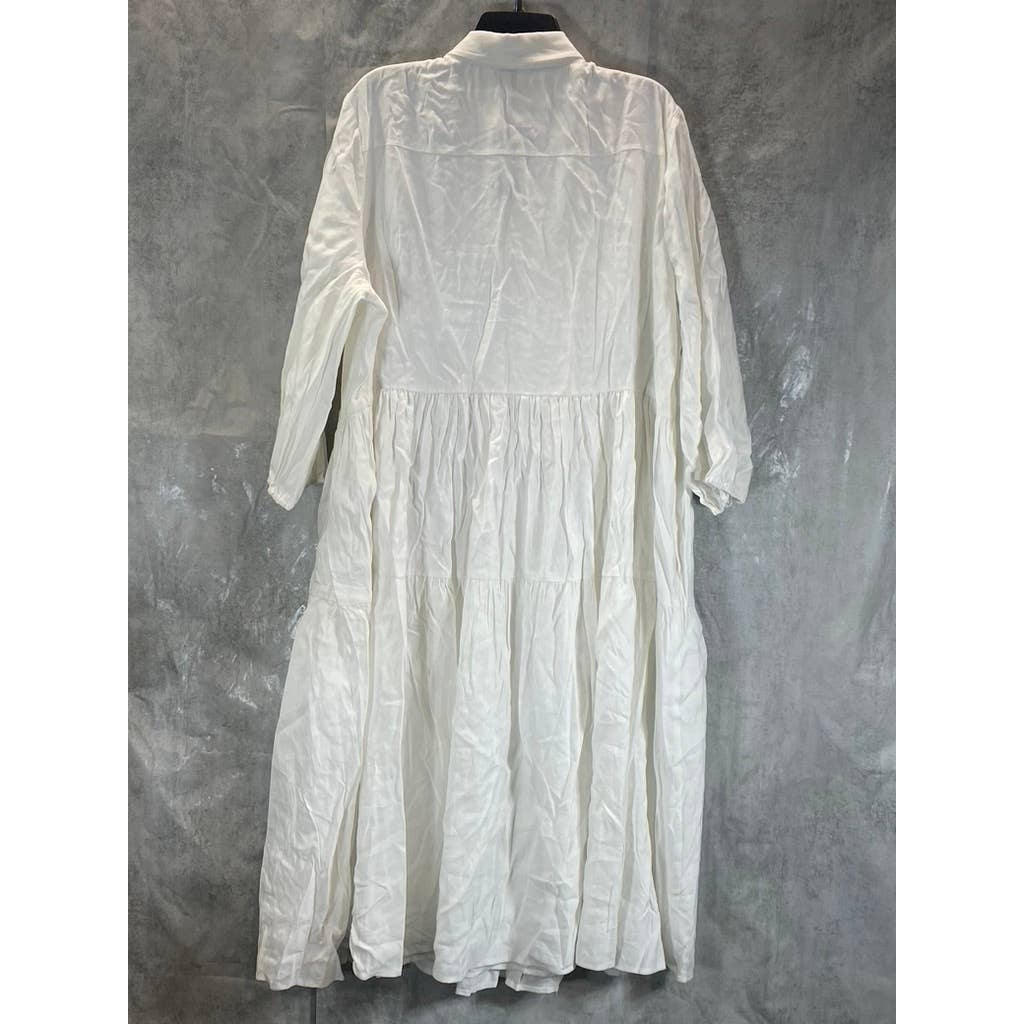 ALFANI Women's White Tiered 3/4 Balloon Sleeve Button-Front Midi Dress SZ 2XL