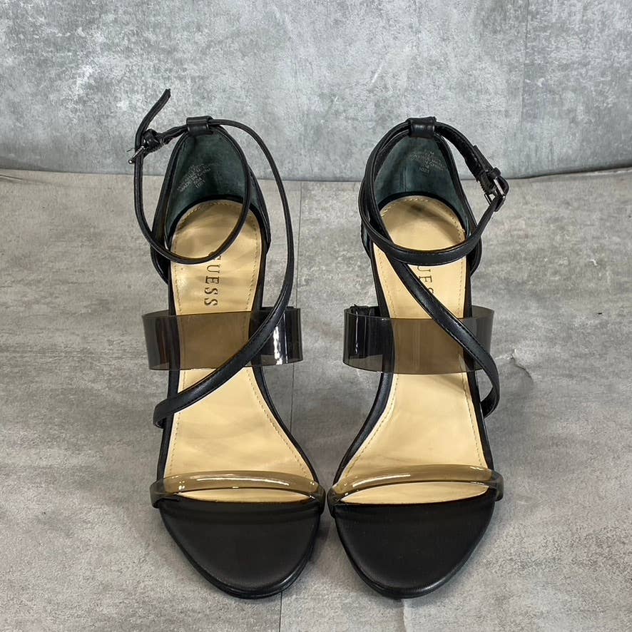 GUESS Women's Black Felicia Transparent Ankle-Strap Round-Toe Stiletto Sandals