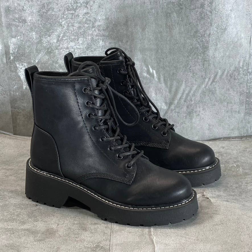 MADDEN GIRL Women's Black Carra Lug Sole Bock-Heel Lace-Up Combat Boots SZ 5