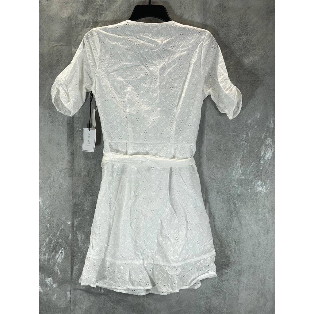 1. STATE Women's White Eyelet Wrap-Front Ruched Elbow-Sleeve Mini Dress SZ 2