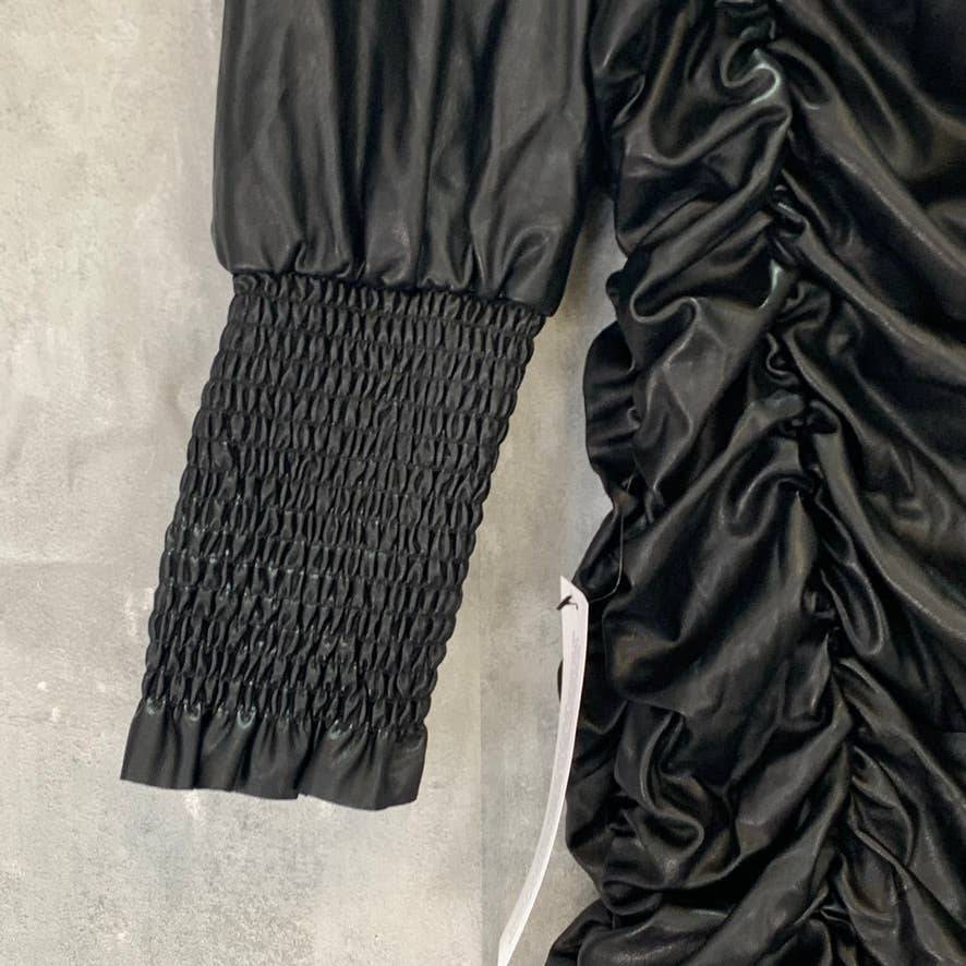 TOPSHOP Black Faux Leather 3/4 Sleeve Ruched Mini Dress SZ 10