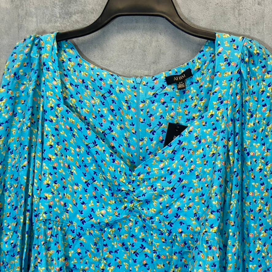 AFRM Women's Bright Blue Floral Print Soni Ruched Balloon Sleeve Crop Top SZ S