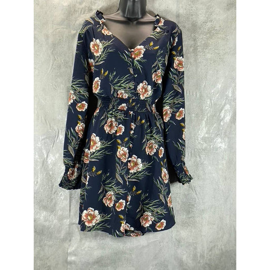 NY COLLECTION Women's Navy Floral V-Neck Smocked Long-Sleeve Fit & Flare Dress