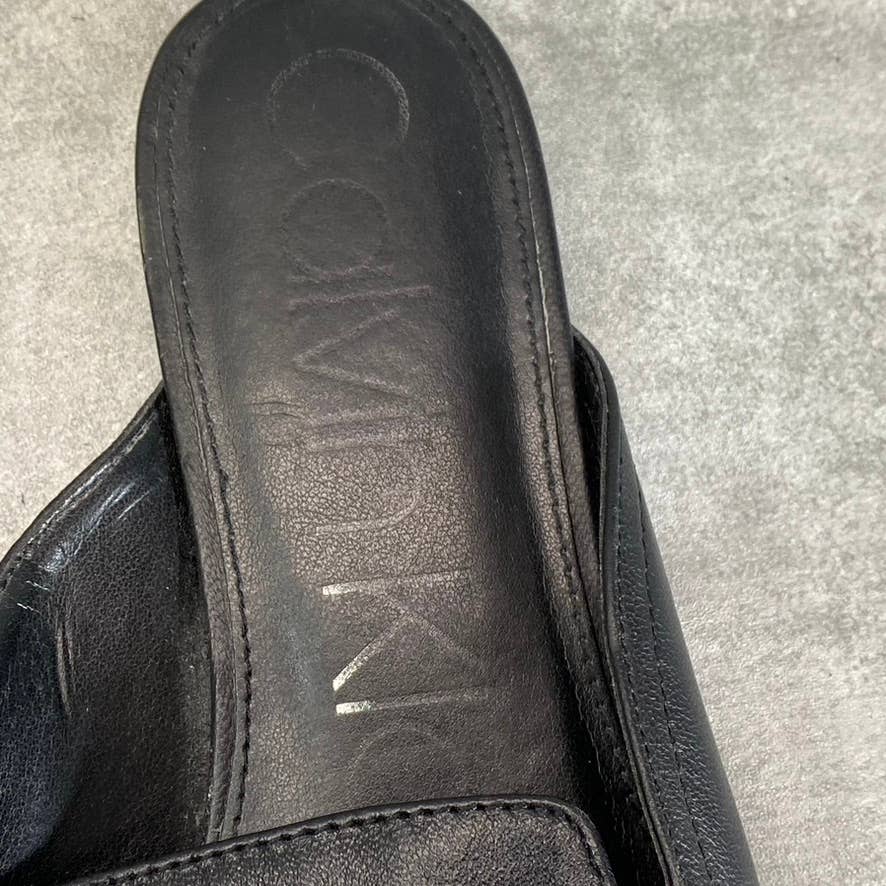 CALVIN KLEIN Women's Black Leather Ella Chain Square-Toe Loafer Mules SZ 6.5