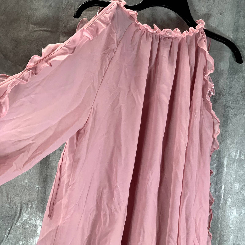 1.STATE Women's Rose Pink Ruffled Tie V-Neck Cold-Shoulder Top SZ M